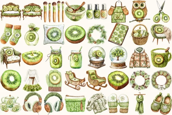 Winter Kiwi Watercolor Clipart Set - 275+ transparent PNG, Winter fruit illustrations, Cozy winter art, Commercial use, Digital download