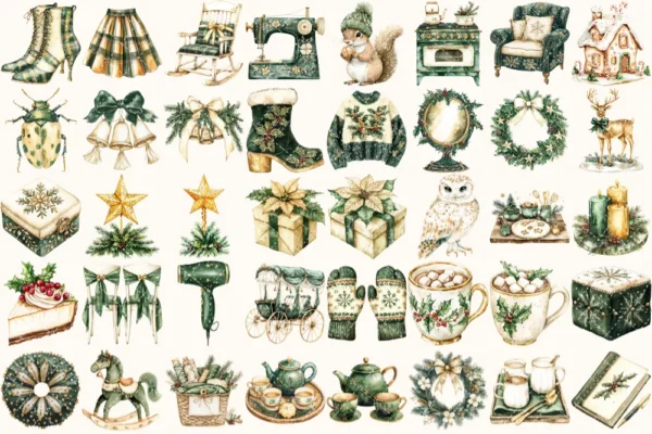 Cozy Yuletide Watercolor Clipart Set - 275+ transparent PNG, Cozy holiday graphics, Festive christmas png, Commercial use, Digital download