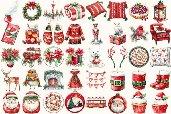Santa’s Lapland Watercolor Clipart Set - 275+ transparent PNG, christmas graphics, holiday festive png, Commercial use, Digital download