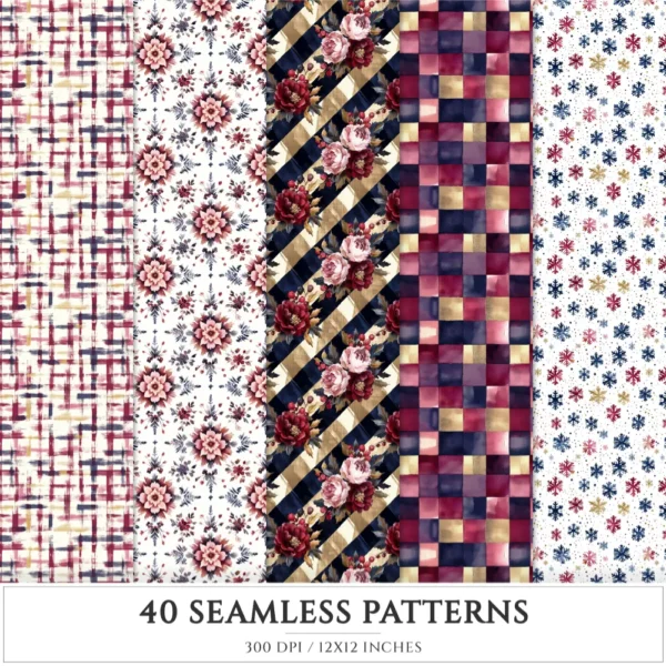 Plaid Holiday Seamless Patterns, Xmas plaid JPEG, Festive floral pattern, Peony, Holly berry repeating pattern, Digital scrapbook paper