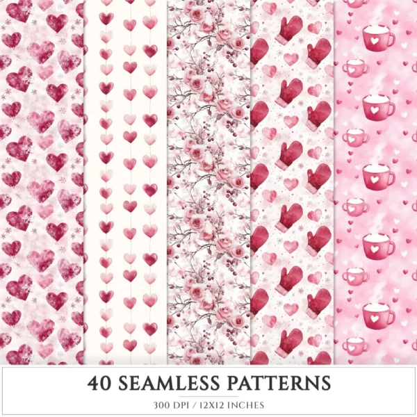 Romance in Winter Seamless Patterns, Romantic heart JPEG, Pink rose pattern, Cozy love, Valentine repeating pattern, Digital scrapbook paper