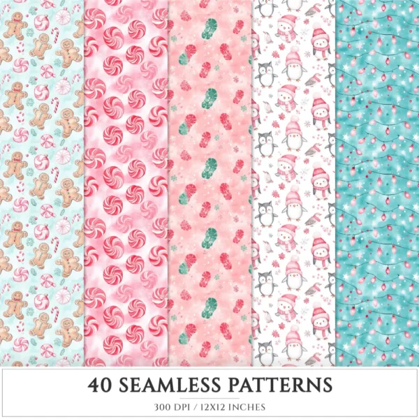 Whimsy Christmas Seamless Patterns, Cozy christmas JPEG, Candy cane pattern, Gift box, Snowflake repeating pattern, Digital scrapbook paper