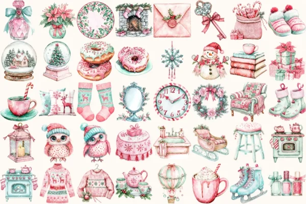 Whimsy Christmas Watercolor Clipart Set - 272+ transparent PNG, Holiday festive illustrations, Xmas png, Commercial use, Digital download