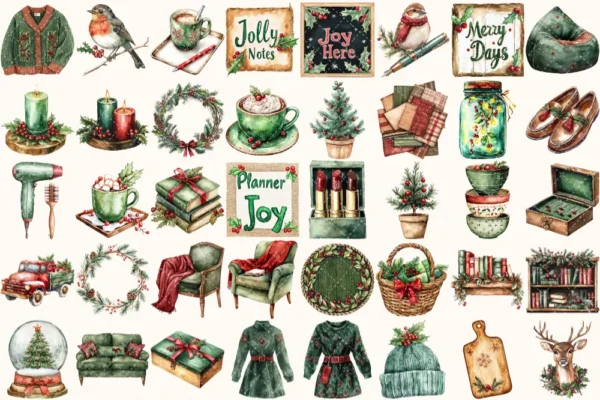 Holly Planner Watercolor Clipart Set - 260+ transparent PNG, Christmas planner graphics, Holly ornament png, Commercial use, Digital download