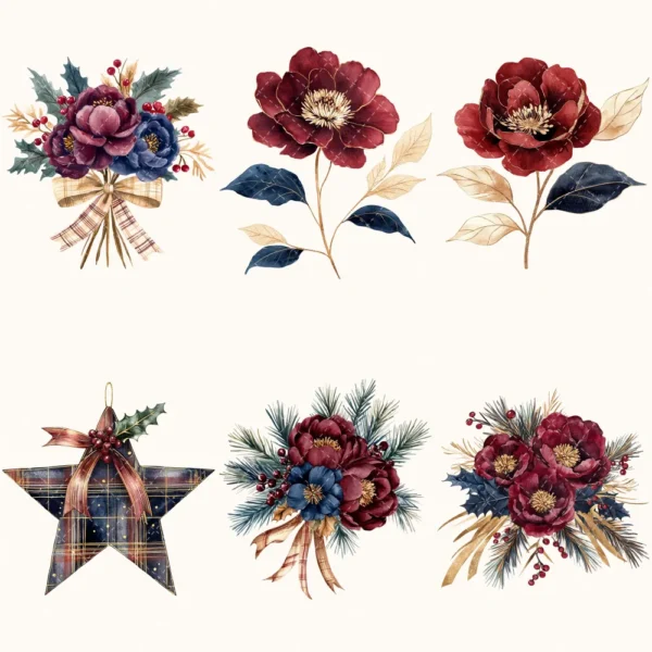 Plaid Holiday Floral Arrangements, Peony floral png, Holly berry bouquet, Ornaments, Festive decor, Commercial use, Digital download