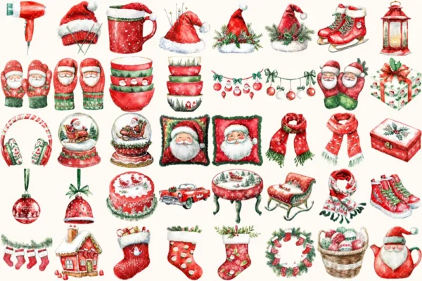 Santa’s Lapland Watercolor Clipart Set - 275+ transparent PNG, christmas graphics, holiday festive png, Commercial use, Digital download