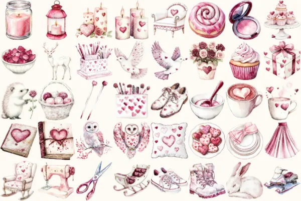 Romance in Winter Watercolor Clipart Set - 266+ transparent PNG, Winter love graphics, Romantic heart art, Commercial use, Digital download