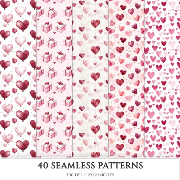 Romance in Winter Seamless Patterns, Romantic heart JPEG, Pink rose pattern, Cozy love, Valentine repeating pattern, Digital scrapbook paper