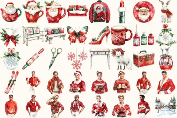Santa’s Lapland Watercolor Clipart Set - 275+ transparent PNG, christmas graphics, holiday festive png, Commercial use, Digital download