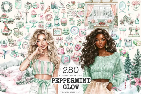 Peppermint Glow Watercolor Clipart Set - 275+ transparent PNG, Peppermint xmas graphics, Cozy christmas art, Commercial use,Digital download