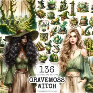Gravemoss Witch Clipart Mini Set - Fantasy Clipart, Mystic forest graphics, Witchy fantasy art, Moss Art, Magical Images, Digital download