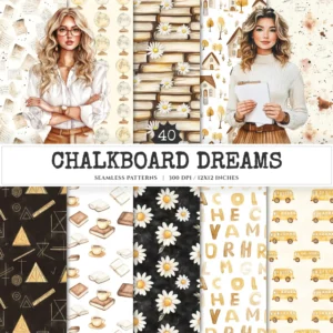 Chalkboard Dreams Seamless Patterns, Classroom JPEG, Coffee and Books Pattern, Globe, School Bag Repeating Pattern, Digital Scrapbook Paper