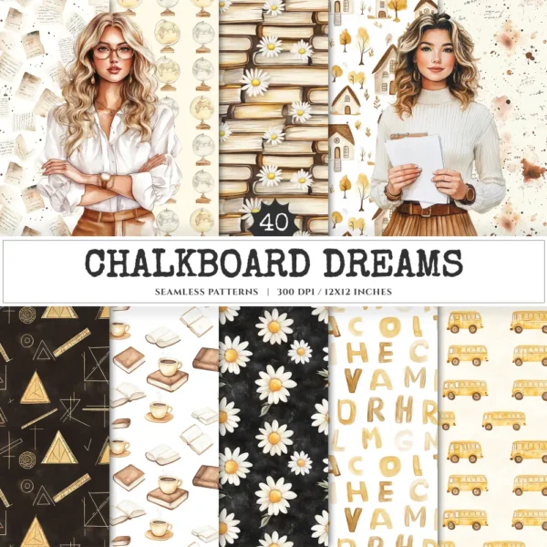 Chalkboard Dreams Seamless Patterns, Classroom JPEG, Coffee and Books Pattern, Globe, School Bag Repeating Pattern, Digital Scrapbook Paper