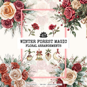 Winter Forest Magic Floral Arrangements, Rose Floral PNG, Snowy Rose Clipart, Winter Ornaments, Floral Decor, Rose Bouquet, Digital download