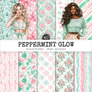 Peppermint Glow Seamless Patterns, Snowflake JPEG, Candy cane pattern, Poinsettia, Xmas ornament repeating pattern, Digital scrapbook paper