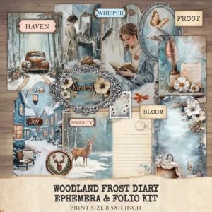 Woodland Frost Diary Junk Journal Ephemera & Folio Kit - Winter forest Journal, Woodland Digital Ephemera, Junk Journal Kit,Digital download