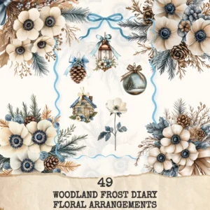 Woodland Frost Diary Floral Arrangements - Anemone Flowers, Botanical, Winter Florals, Bouquet, Floral Wreath, Greenery Art,Digital Download