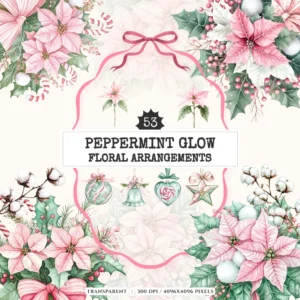 Peppermint Glow Floral Arrangements, Poinsettia floral png, Christmas bouquet, Ornaments, Christmas decor, Commercial use, Digital download