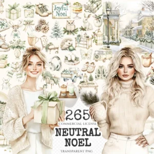 Neutral Noel Watercolor Clipart Set - Cozy Christmas PNG, Cream Winter Art, Xmas Digital PNG, Cottagecore, Cute Christmas, Digital download