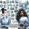 Silent Snowfall Clipart Mini Set - Cuteness Holiday Art, Xmas Girl Graphics, Snowfall Winter Clipart, Blue Christmas PNG, Digital Download