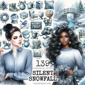 Silent Snowfall Clipart Mini Set - Cuteness Holiday Art, Xmas Girl Graphics, Snowfall Winter Clipart, Blue Christmas PNG, Digital Download