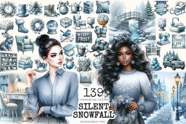 Silent Snowfall Clipart Mini Set - Cuteness Holiday Art, Xmas Girl Graphics, Snowfall Winter Clipart, Blue Christmas PNG, Digital Download