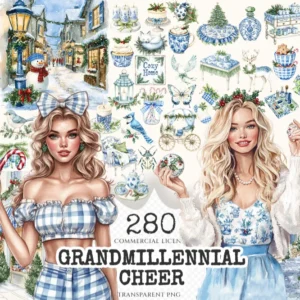 Grandmillennial Cheer Watercolor Clipart Set - Chinoiserie Xmas Clipart, Snowfall Winter Art, Christmas Digital, holiday, Digital download