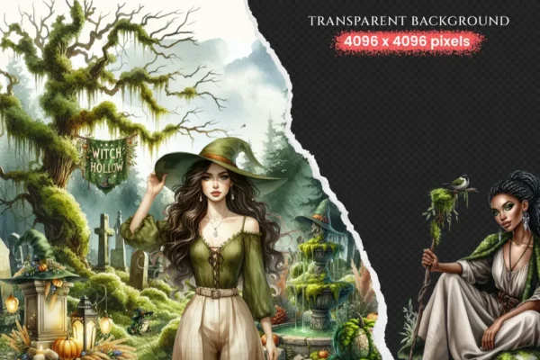 Gravemoss Witch Clipart Mini Set - Fantasy Clipart, Mystic forest graphics, Witchy fantasy art, Moss Art, Magical Images, Digital download