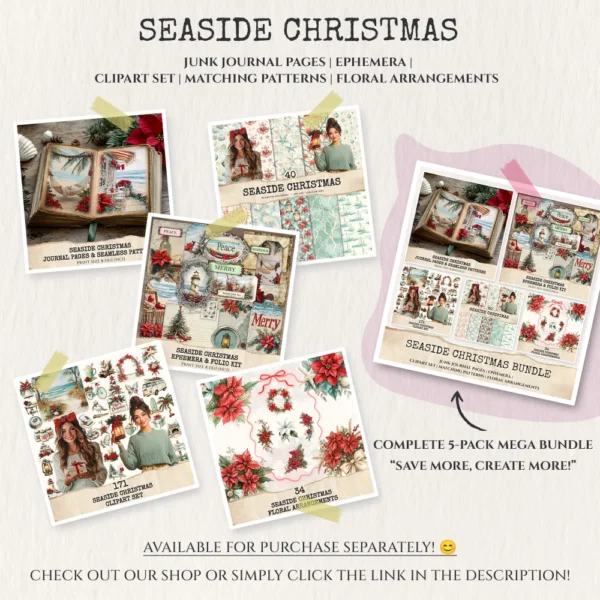 Seaside Christmas Watercolor Clipart Set - 170+ transparent PNG, Festive Beach Graphics, Holiday, Xmas, Cozy Christmas Art, Digital Download