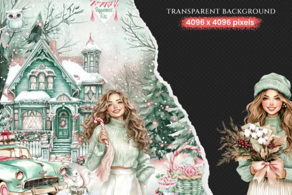 Peppermint Glow Watercolor Clipart Set - 275+ transparent PNG, Peppermint xmas graphics, Cozy christmas art, Commercial use,Digital download