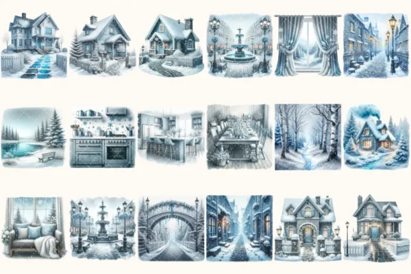 Silent Snowfall Clipart Mini Set - Cuteness Holiday Art, Xmas Girl Graphics, Snowfall Winter Clipart, Blue Christmas PNG, Digital Download