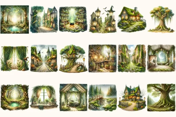 Gravemoss Witch Clipart Mini Set - Fantasy Clipart, Mystic forest graphics, Witchy fantasy art, Moss Art, Magical Images, Digital download