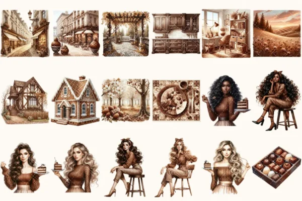 Chocolate Heaven Watercolor Clipart Set - 125+ transparent PNG, Cozy fall treats graphics, Cocoa clipart, Pastry png, Digital download