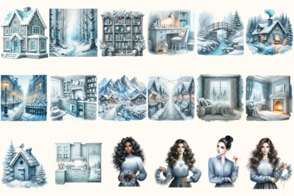Silent Snowfall Clipart Mini Set - Cuteness Holiday Art, Xmas Girl Graphics, Snowfall Winter Clipart, Blue Christmas PNG, Digital Download