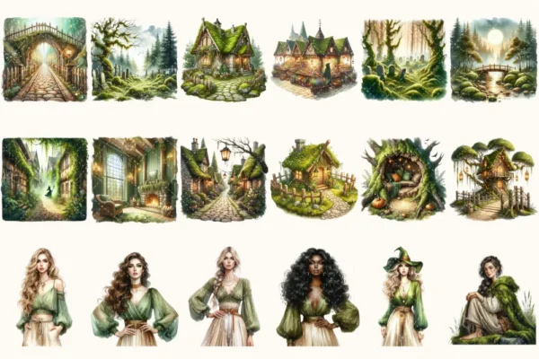 Gravemoss Witch Clipart Mini Set - Fantasy Clipart, Mystic forest graphics, Witchy fantasy art, Moss Art, Magical Images, Digital download