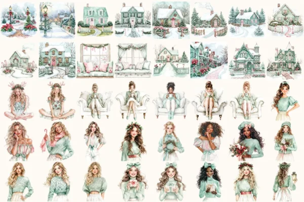 Peppermint Glow Watercolor Clipart Set - 275+ transparent PNG, Peppermint xmas graphics, Cozy christmas art, Commercial use,Digital download