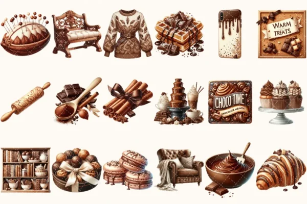 Chocolate Heaven Watercolor Clipart Set - 125+ transparent PNG, Cozy fall treats graphics, Cocoa clipart, Pastry png, Digital download
