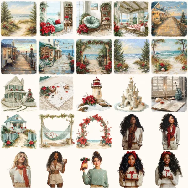 Seaside Christmas Watercolor Clipart Set - 170+ transparent PNG, Festive Beach Graphics, Holiday, Xmas, Cozy Christmas Art, Digital Download
