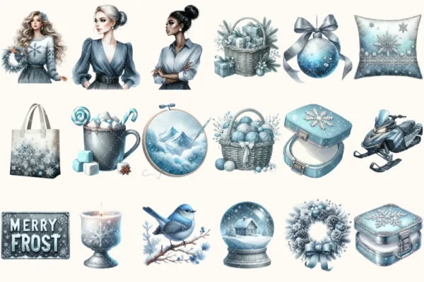 Silent Snowfall Clipart Mini Set - Cuteness Holiday Art, Xmas Girl Graphics, Snowfall Winter Clipart, Blue Christmas PNG, Digital Download