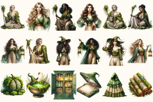 Gravemoss Witch Clipart Mini Set - Fantasy Clipart, Mystic forest graphics, Witchy fantasy art, Moss Art, Magical Images, Digital download