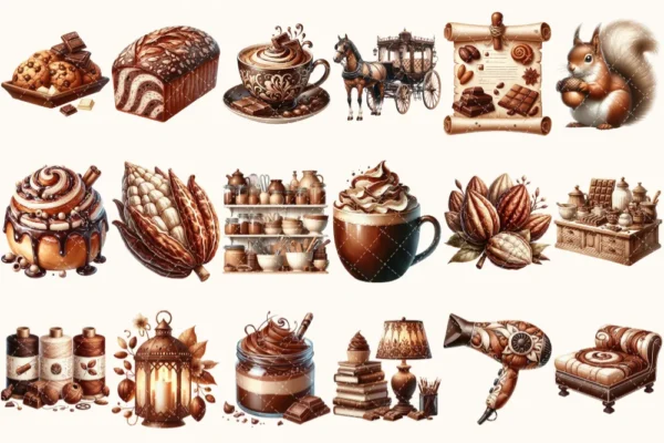 Chocolate Heaven Watercolor Clipart Set - 125+ transparent PNG, Cozy fall treats graphics, Cocoa clipart, Pastry png, Digital download