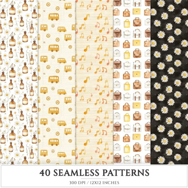 Chalkboard Dreams Seamless Patterns, Classroom JPEG, Coffee and Books Pattern, Globe, School Bag Repeating Pattern, Digital Scrapbook Paper