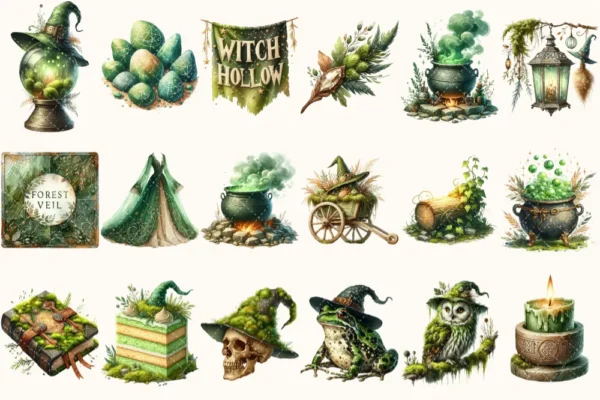 Gravemoss Witch Clipart Mini Set - Fantasy Clipart, Mystic forest graphics, Witchy fantasy art, Moss Art, Magical Images, Digital download