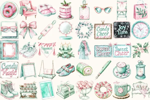 Peppermint Glow Watercolor Clipart Set - 275+ transparent PNG, Peppermint xmas graphics, Cozy christmas art, Commercial use,Digital download