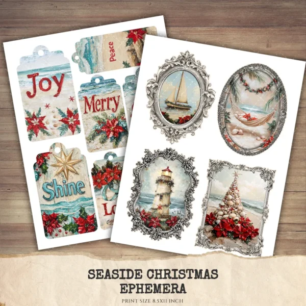 Seaside Christmas Junk Journal Ephemera & Folio Kit - Festive Beach Journal, Holiday Digital Ephemera, Junk Journal Kit, Digital download