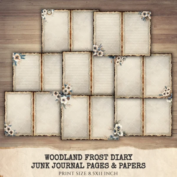 Woodland Frost Diary Junk Journal Pages & Papers - Winter Journal Paper, Woodland Digital Background, Junk Journal Kit, Digital download