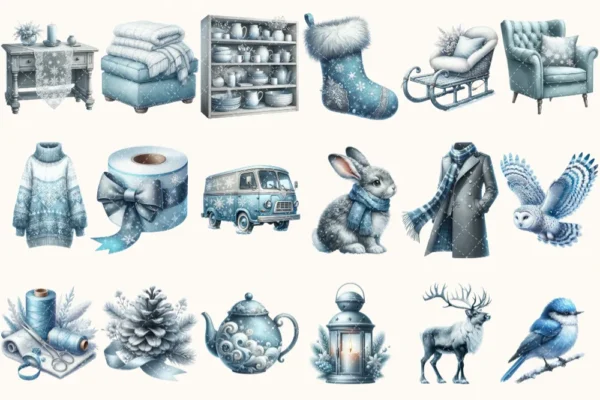 Silent Snowfall Clipart Mini Set - Cuteness Holiday Art, Xmas Girl Graphics, Snowfall Winter Clipart, Blue Christmas PNG, Digital Download