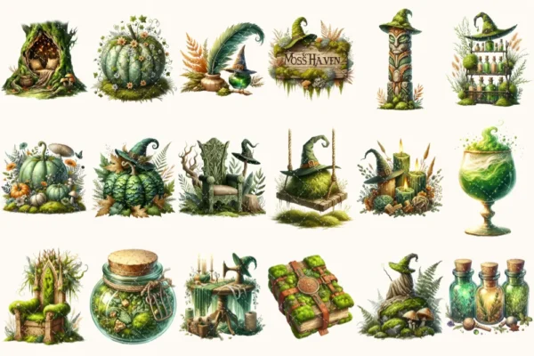 Gravemoss Witch Clipart Mini Set - Fantasy Clipart, Mystic forest graphics, Witchy fantasy art, Moss Art, Magical Images, Digital download