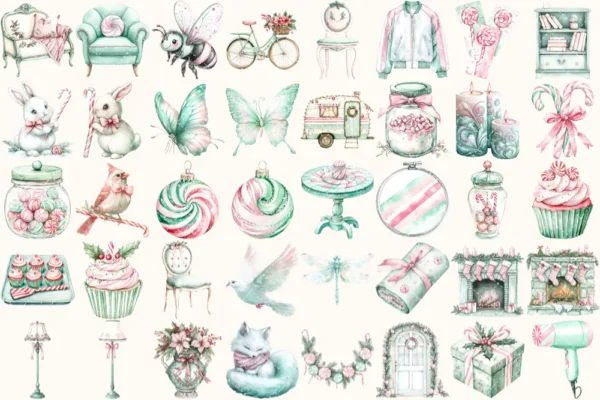 Peppermint Glow Watercolor Clipart Set - 275+ transparent PNG, Peppermint xmas graphics, Cozy christmas art, Commercial use,Digital download