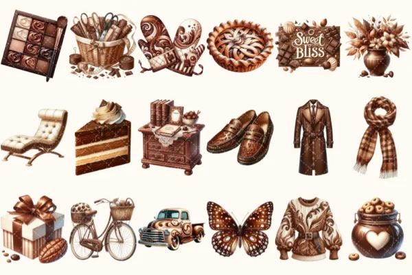 Chocolate Heaven Watercolor Clipart Set - 125+ transparent PNG, Cozy fall treats graphics, Cocoa clipart, Pastry png, Digital download